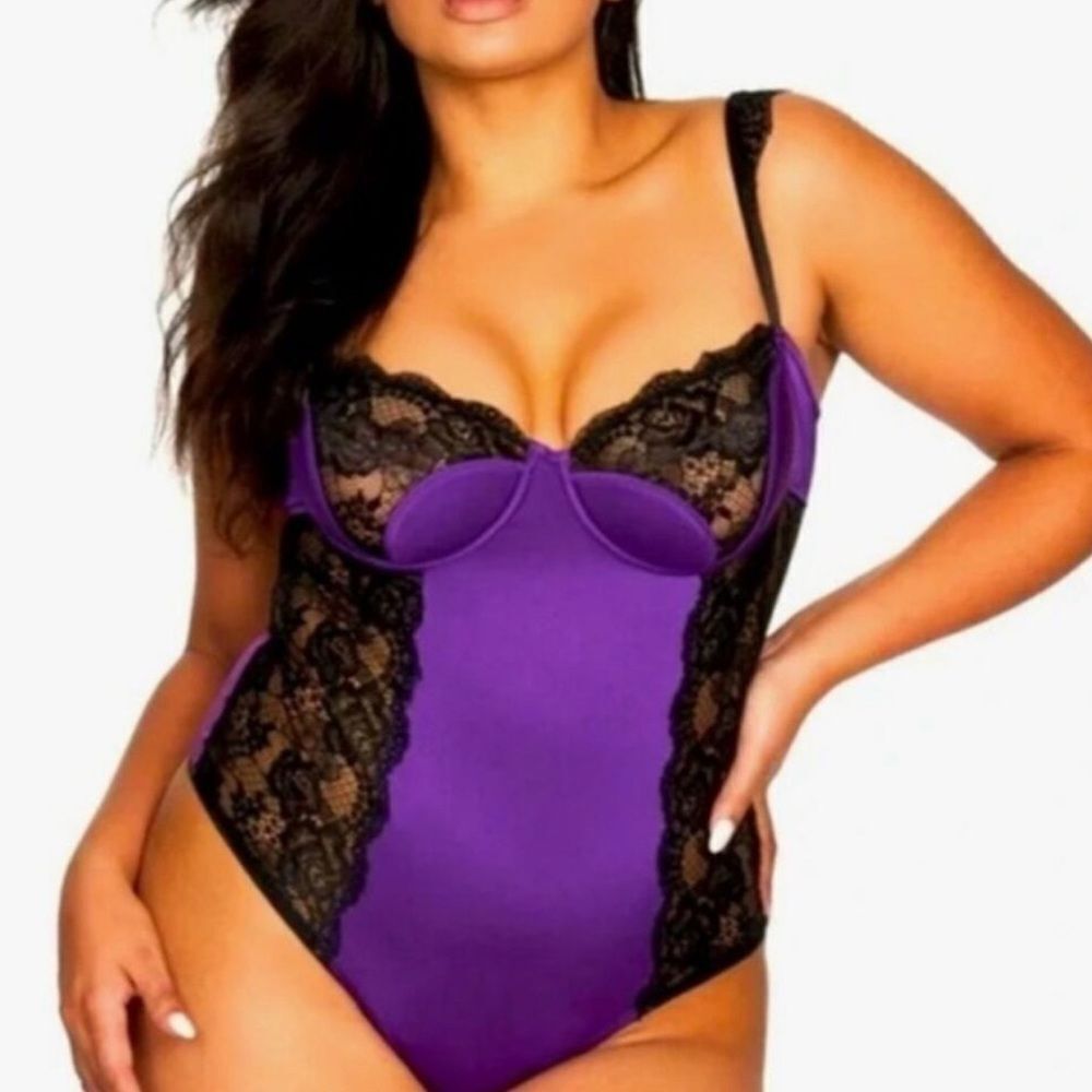 NWT Frederick's of Hollywood Ilana Purple Black Lace Mesh Bodysuit Teddy